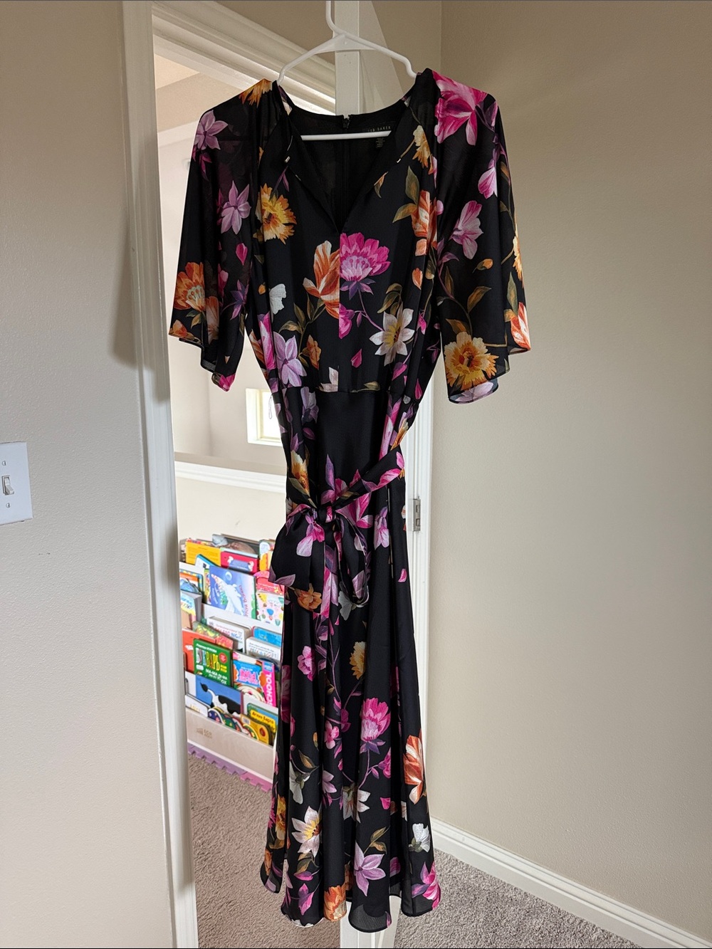 Ted Baker London Black Floral Wrap Maxi Dress with Pink & Gold Blooms